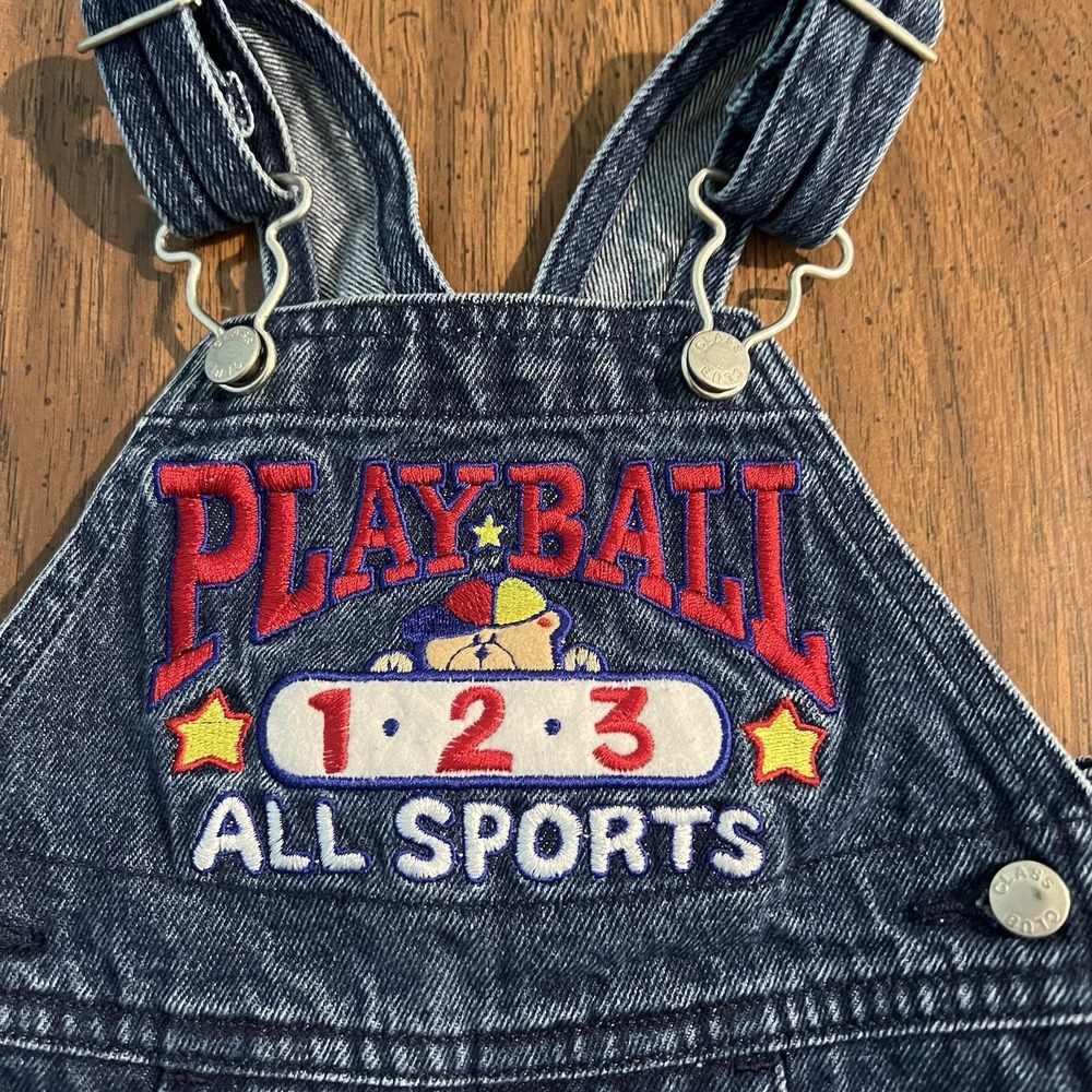 Vintage Class Club Baby Denim Overall Shorts Baseball Size 3 Months - Picture 2 of 7